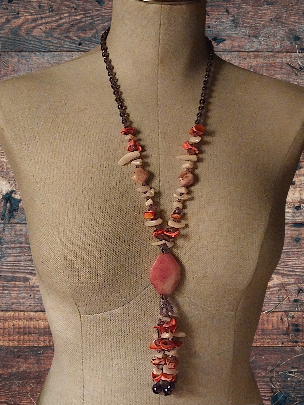 Pink and Coral Gemstone Tassel Necklace